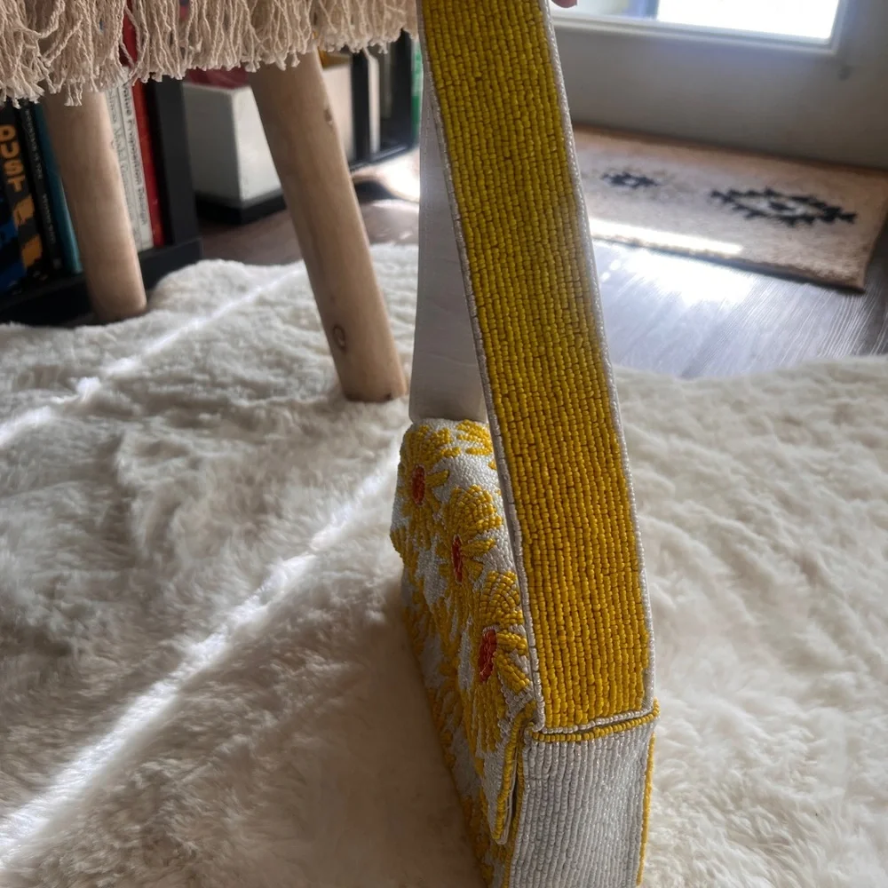 Beaded White Shoulder Bag with Yellow Sunflower Accents